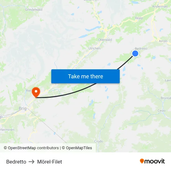 Bedretto to Mörel-Filet map