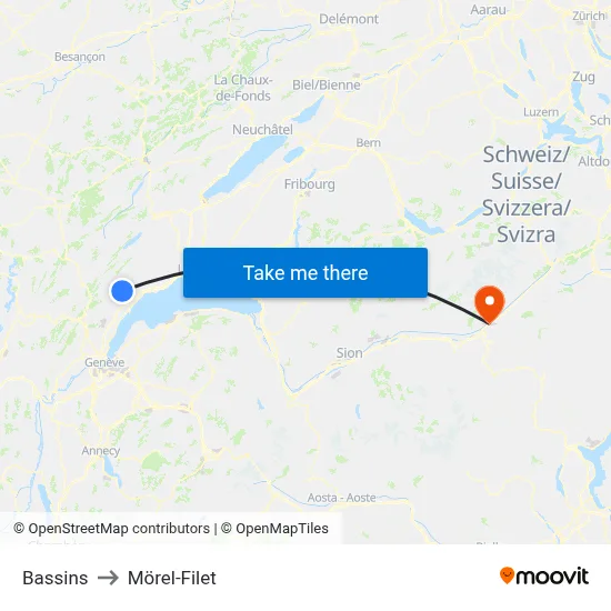 Bassins to Mörel-Filet map