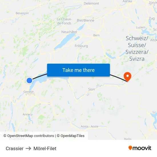 Crassier to Mörel-Filet map