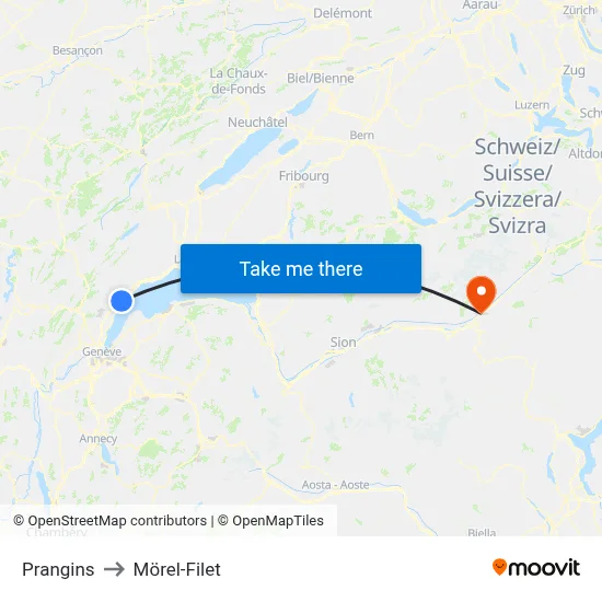 Prangins to Mörel-Filet map