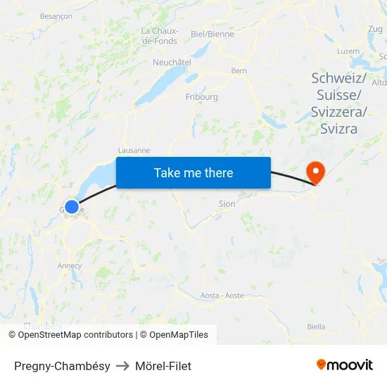 Pregny-Chambésy to Mörel-Filet map