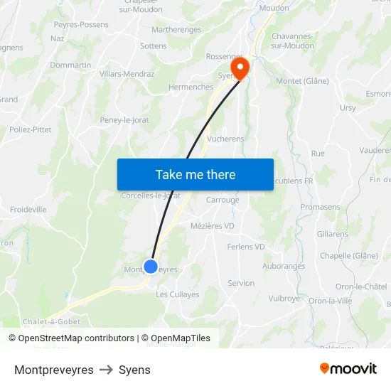 Montpreveyres to Syens map