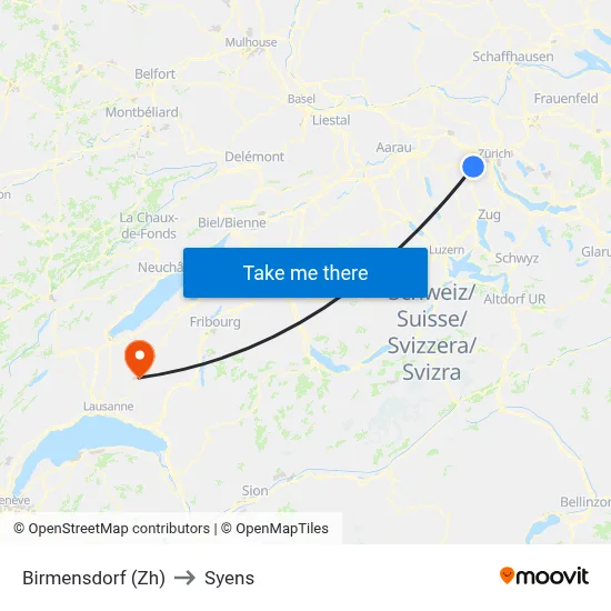 Birmensdorf (Zh) to Syens map