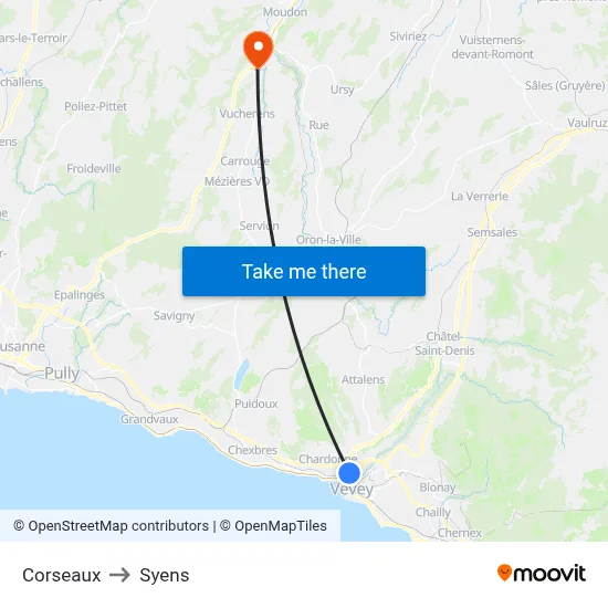 Corseaux to Syens map