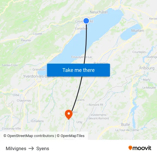 Milvignes to Syens map