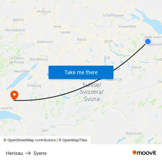 Herisau to Syens map