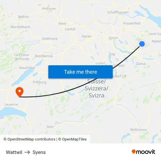 Wattwil to Syens map