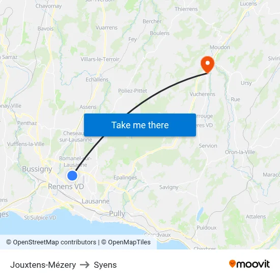 Jouxtens-Mézery to Syens map