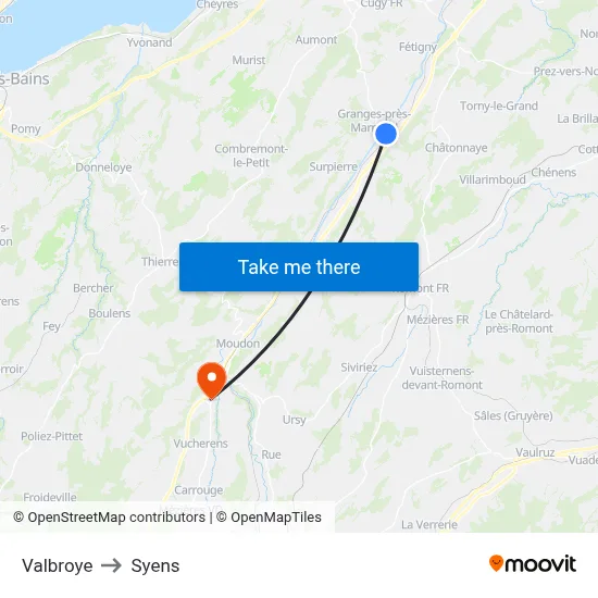 Valbroye to Syens map