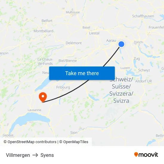 Villmergen to Syens map