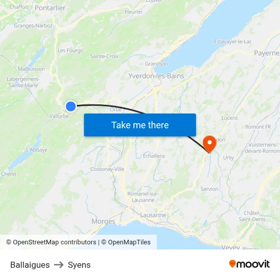 Ballaigues to Syens map