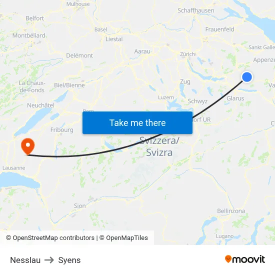 Nesslau to Syens map
