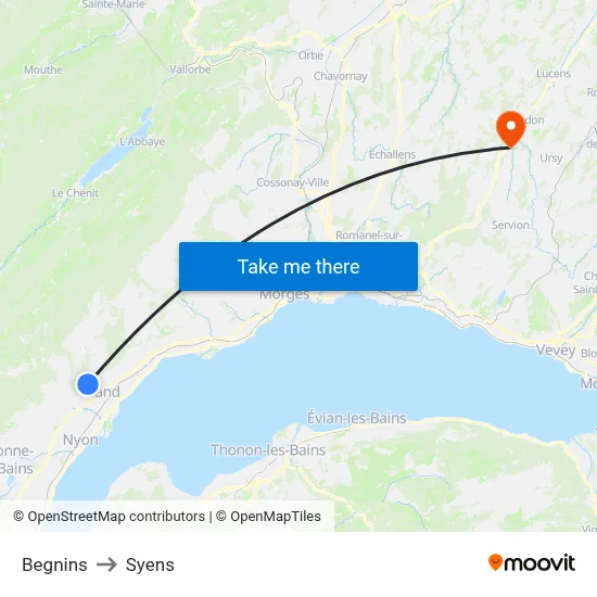 Begnins to Syens map