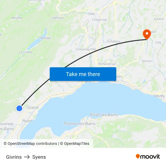 Givrins to Syens map