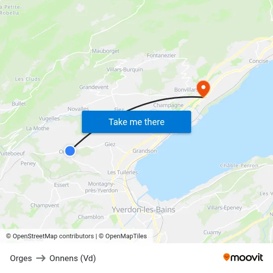 Orges to Onnens (Vd) map