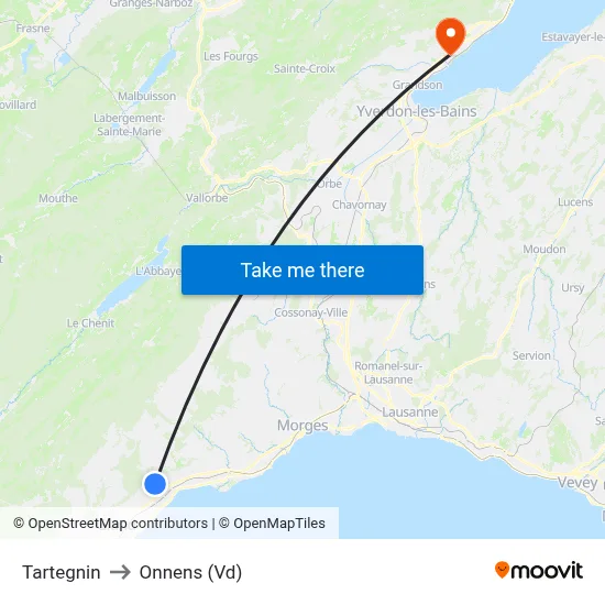 Tartegnin to Onnens (Vd) map
