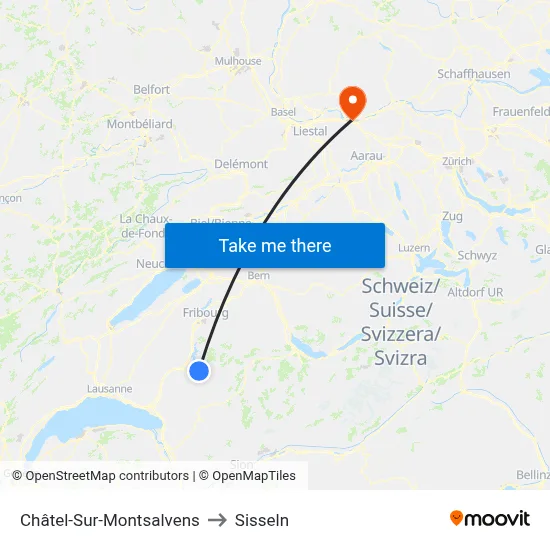 Châtel-Sur-Montsalvens to Sisseln map