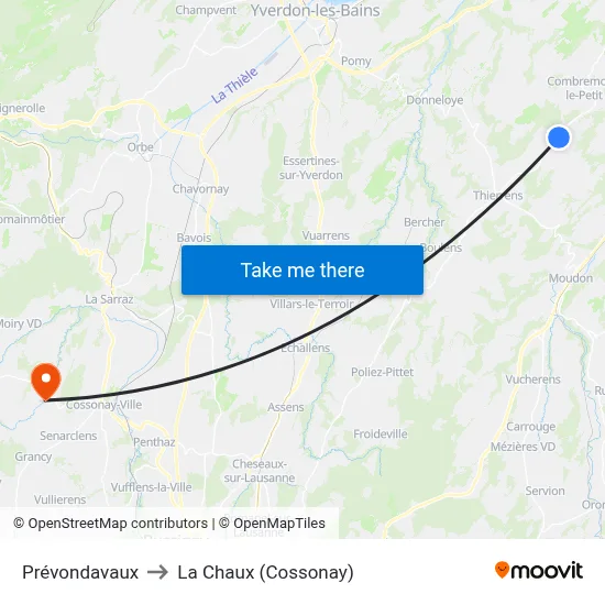 Prévondavaux to La Chaux (Cossonay) map
