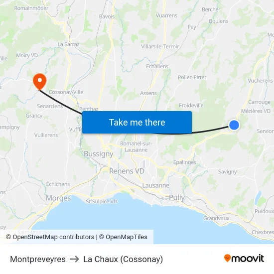 Montpreveyres to La Chaux (Cossonay) map
