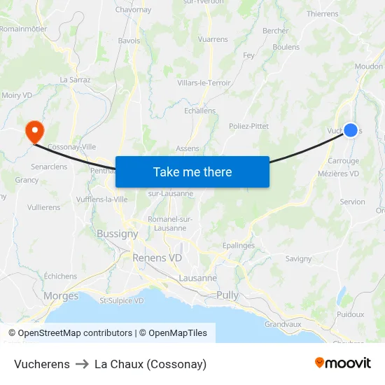 Vucherens to La Chaux (Cossonay) map
