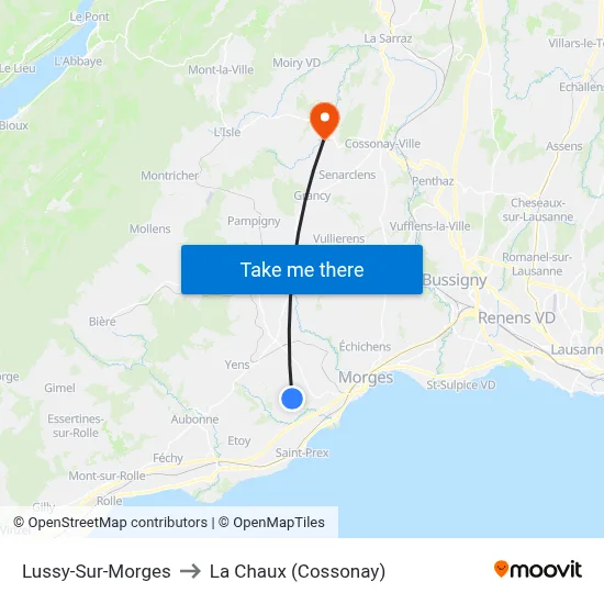 Lussy-Sur-Morges to La Chaux (Cossonay) map
