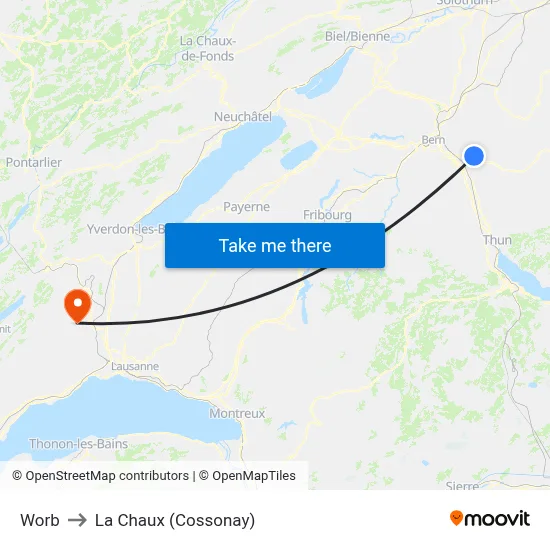 Worb to La Chaux (Cossonay) map