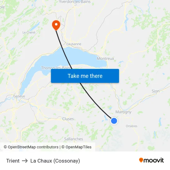 Trient to La Chaux (Cossonay) map