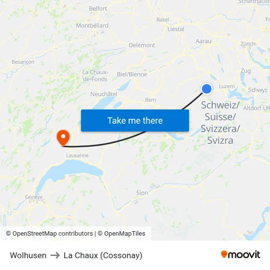Wolhusen to La Chaux (Cossonay) map