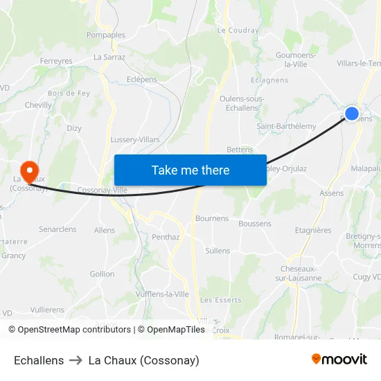 Echallens to La Chaux (Cossonay) map