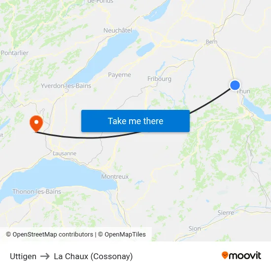 Uttigen to La Chaux (Cossonay) map