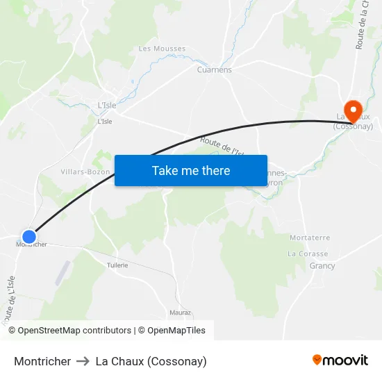 Montricher to La Chaux (Cossonay) map