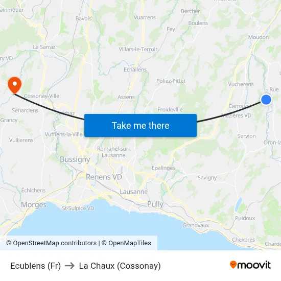 Ecublens (Fr) to La Chaux (Cossonay) map