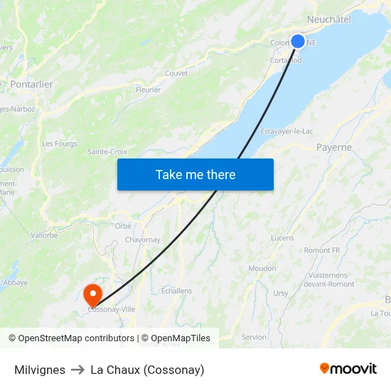 Milvignes to La Chaux (Cossonay) map