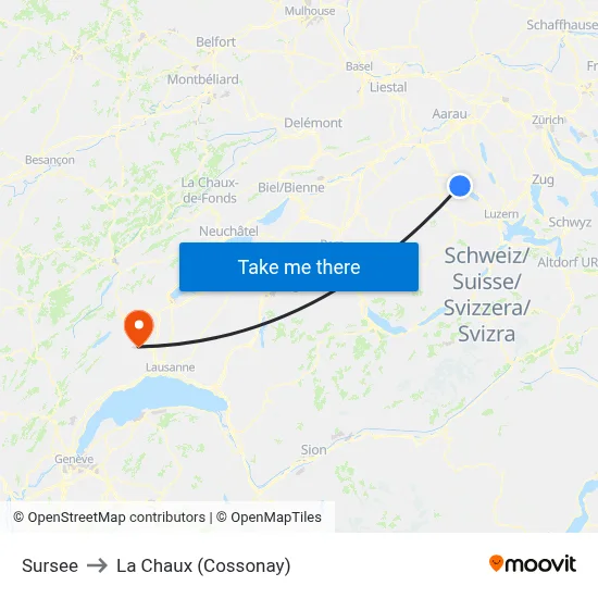 Sursee to La Chaux (Cossonay) map