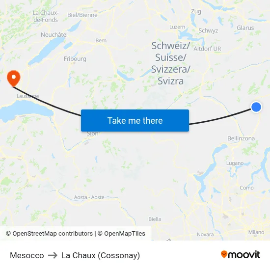 Mesocco to La Chaux (Cossonay) map
