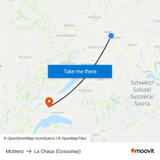 Muttenz to La Chaux (Cossonay) map