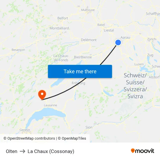 Olten to La Chaux (Cossonay) map