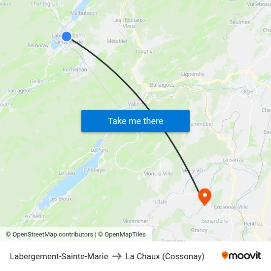 Labergement-Sainte-Marie to La Chaux (Cossonay) map
