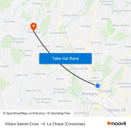 Villars-Sainte-Croix to La Chaux (Cossonay) map