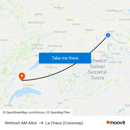 Wettswil AM Albis to La Chaux (Cossonay) map