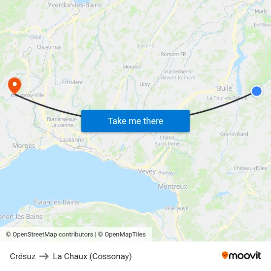 Crésuz to La Chaux (Cossonay) map