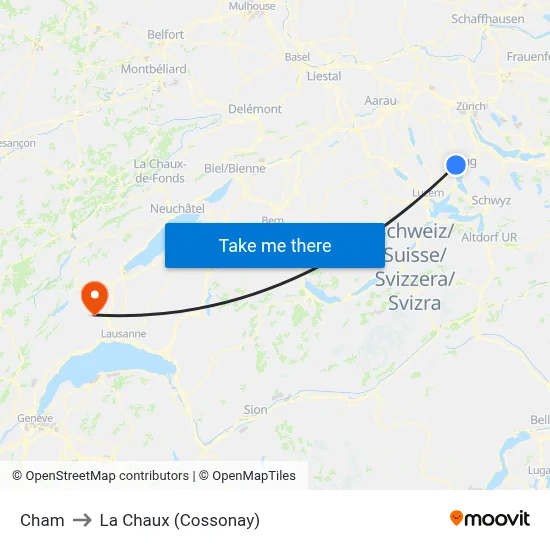 Cham to La Chaux (Cossonay) map