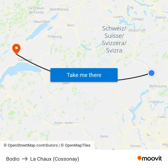 Bodio to La Chaux (Cossonay) map
