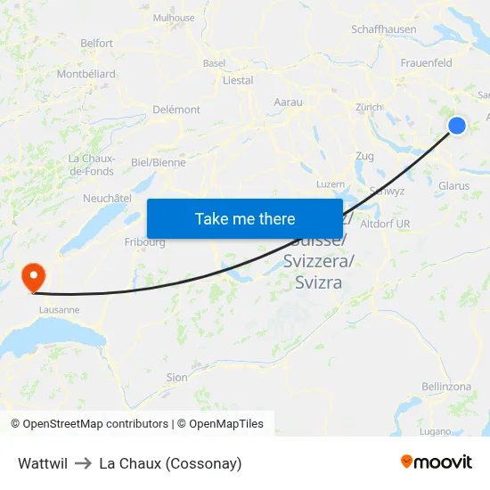Wattwil to La Chaux (Cossonay) map