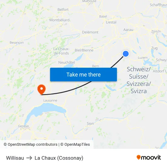 Willisau to La Chaux (Cossonay) map