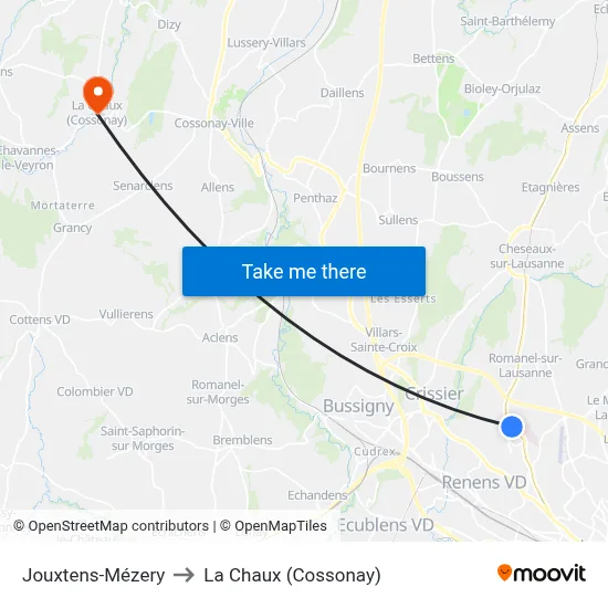 Jouxtens-Mézery to La Chaux (Cossonay) map