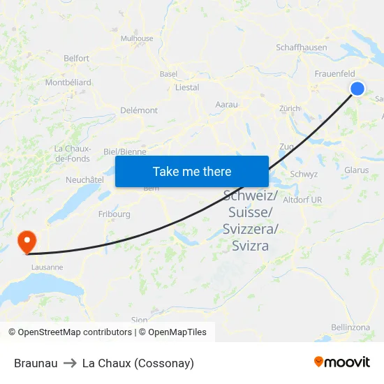 Braunau to La Chaux (Cossonay) map