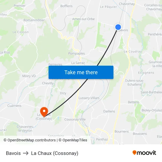 Bavois to La Chaux (Cossonay) map