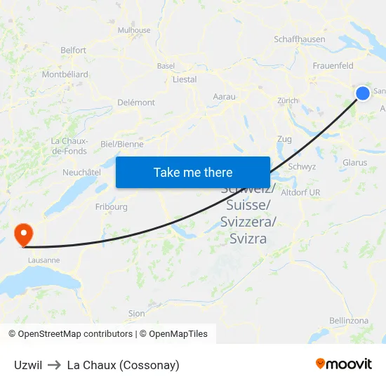 Uzwil to La Chaux (Cossonay) map
