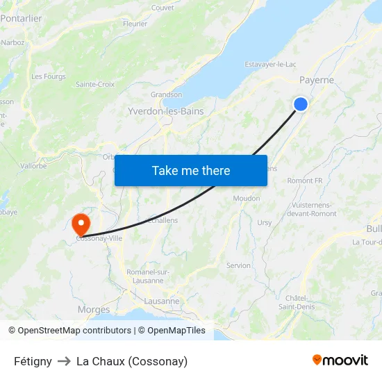 Fétigny to La Chaux (Cossonay) map